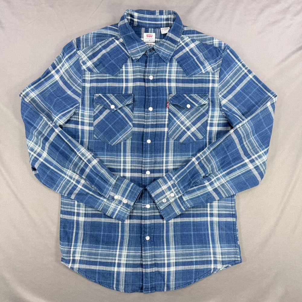 Levi Mens S‎ Blue Plaid Cotton Western Standard Fit Pearl Snap Long Sleeve Shirt